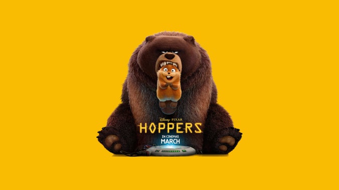 Bear and beaver characters on a poster for Disney and Pixar’s film Hoppers, out in March